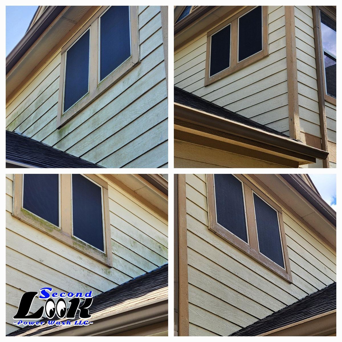Four views of the same house siding: dirty on the left, clean on the right