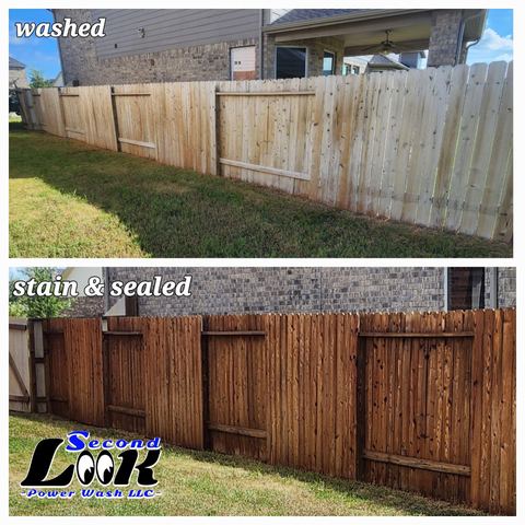Wood fence after washing, then after stain and sealer